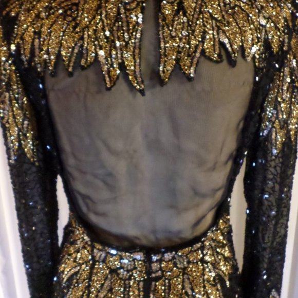Lady Long Silk Gown Sequin Bead Size 12 Black Gold - Picture 6 of 8